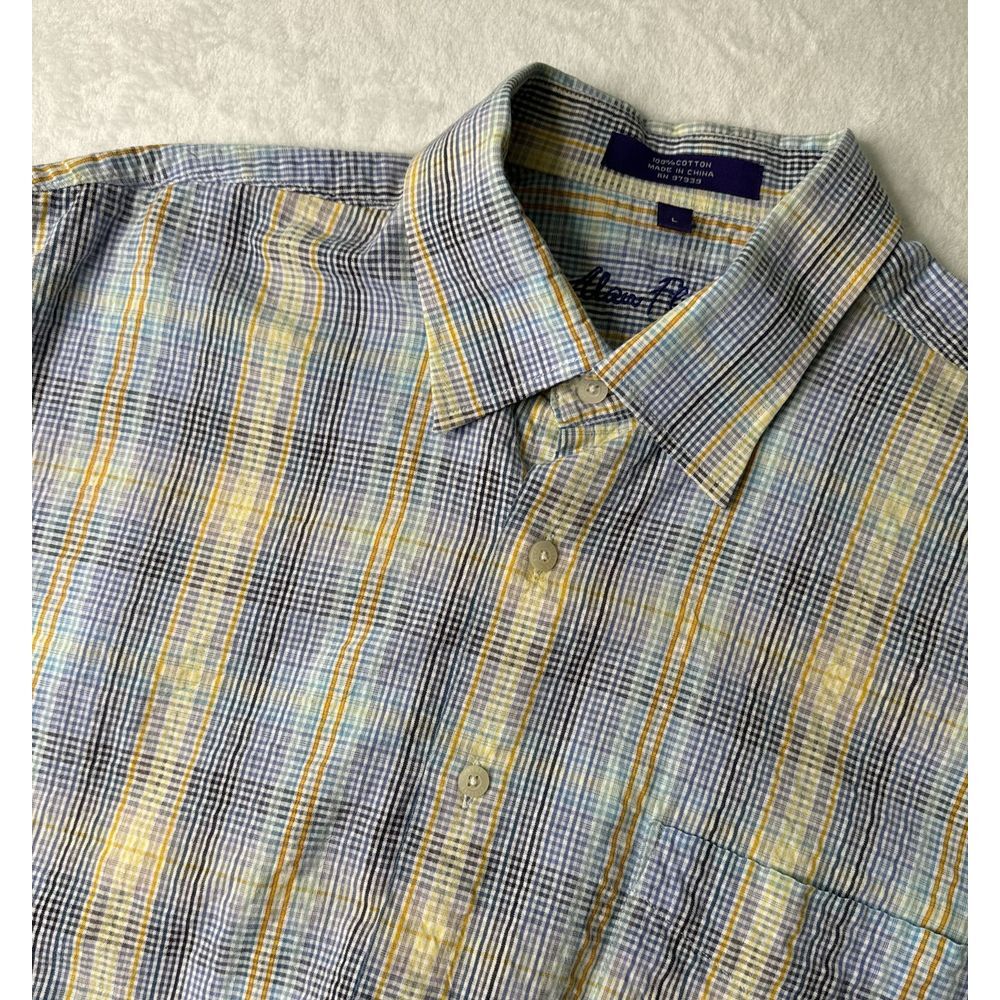 Alan Flusser LARGE Button Up Short Sleeve Plaid Multicolor Shirt Men EXCELLENT